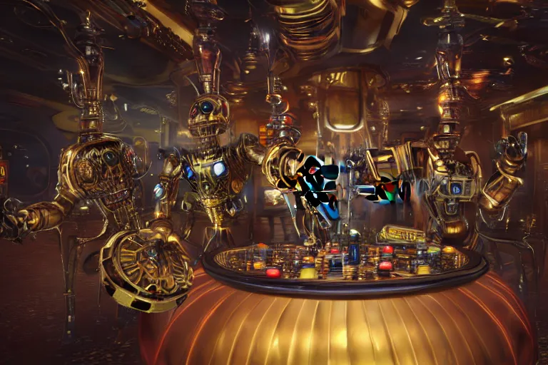 Prompt: 3 steampunk robot dancing inside a luxury futuristic nightliner, a table with many bottles of beer and wiskey, exaggerated detailed, unreal engine, subtle multicolored light, 3 5 mm lens