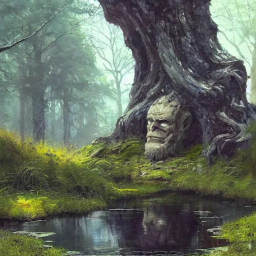 Image similar to stone golem resting beside a pond inside a forest, stone elemental, oil painting, by Greg Rutkowski