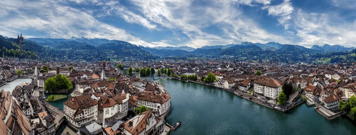 Image similar to Photo of Zurich, looking down the Limmat at the lake and the alps, Hardturm, Grossmünster, Lindenhof, Üetliberg, wide angle, volumetric light, hyperdetailed, light blue water, artstation, cgsociety, 8k