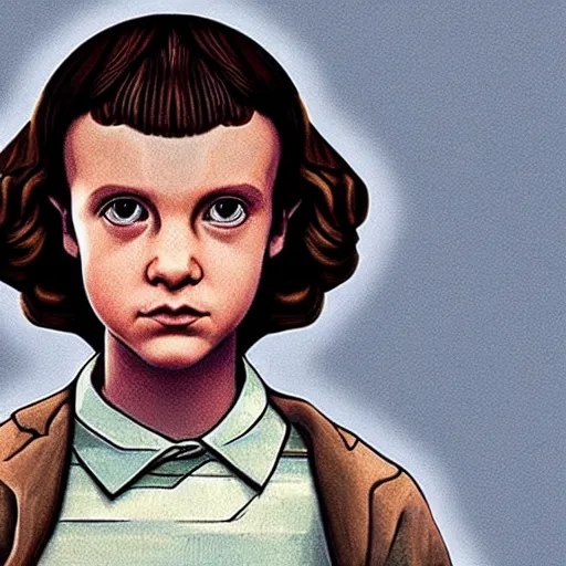 Prompt: Concept art, Eleven from 'Stranger Things' Season 3 (2019), with long hair, conjuring a magical miniature sun in her hand
