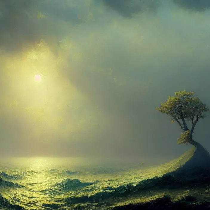 Image similar to a beautiful painting of the gold world tree on the sea by ivan aivazovsky and greg rutkowski and james gurney, in style of impressionism. dark fantasy, elden ring, hyper detailed, sharp focus, soft light. unreal engine 5. unreal engine 5 lumen. ray tracing. trending on artstation.