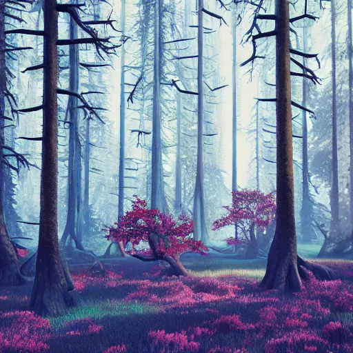 Prompt: abstract 3d landscape forest painting by james jean with 100 year old trees and white grass painted in no mans sky style, redshift, octane