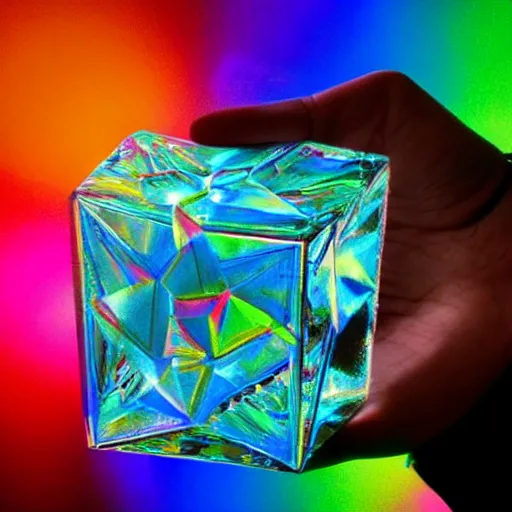 Image similar to a person holding a colorful object in their hand, a hologram!! ( ( ( by jeka kemp ) ) ), polycount, crystal cubism!!!, made of crystals!!!, irridescent, holographic