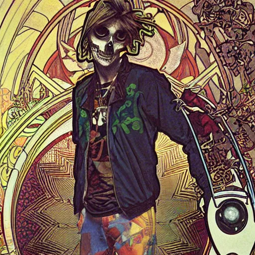 Prompt: man wearing JNCO jeans and a skull shirt from Hot Topic holding an iPod and listening to Linkin Park, art nouveau, exquisitely detailed illustration by Alphonse Mucha