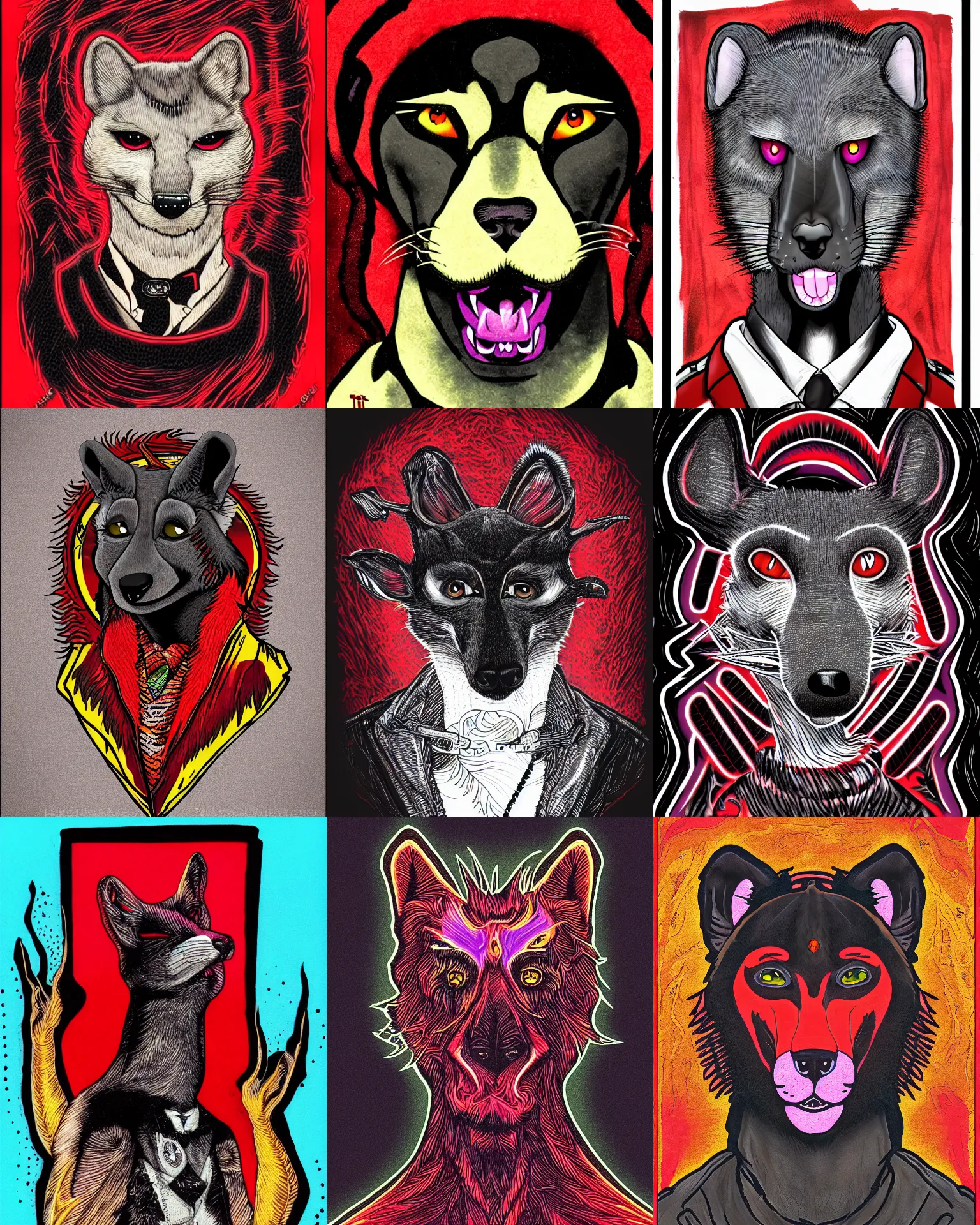 Prompt: handsome weasel fursona portrait, male, red - black, dark psychedelia style, refer to late timothy leary, schizophrenic art. dark and smokey