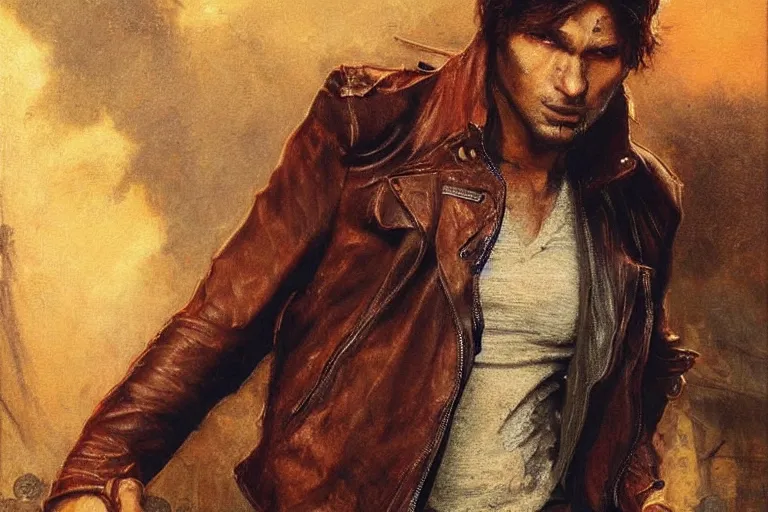 Image similar to a thirty - five year old contract killer named cobalt. he wears a brown leather jacket with a bloody white t - shirt tucked into his jeans. art by gaston bussiere.