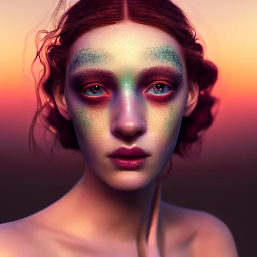 Prompt: photographic portrait of a stunningly beautiful renaissance female with abstract makeup in soft dreamy light at sunset, contemporary fashion shoot, by edward robert hughes, annie leibovitz and steve mccurry, david lazar, jimmy nelsson, breathtaking, 8 k resolution, extremely detailed, beautiful, establishing shot, artistic, hyperrealistic, beautiful face, octane render