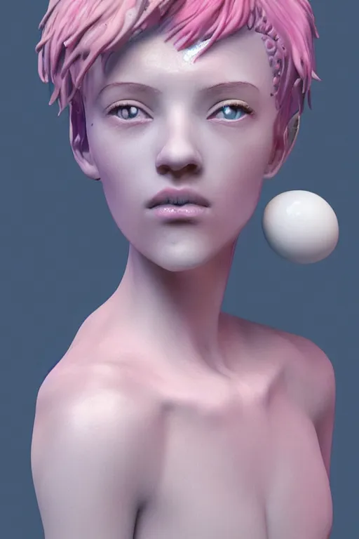 Image similar to an epic non - binary model, subject made of white cracked porcelain with cerulean oozing bubbles bursting out, delicate, beautiful, intricate, with pastel pink highlights, melting, houdini sidefx, by jeremy mann and ilya kuvshinov, jamie hewlett and ayami kojima, trending on artstation, bold 3 d