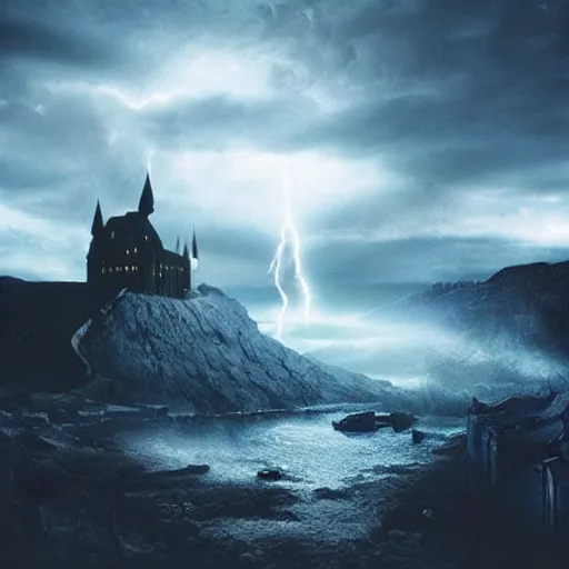 Prompt: “ the last battle of voldemort and harry potter, scenic, scary, 4 k, lightning in sky ”