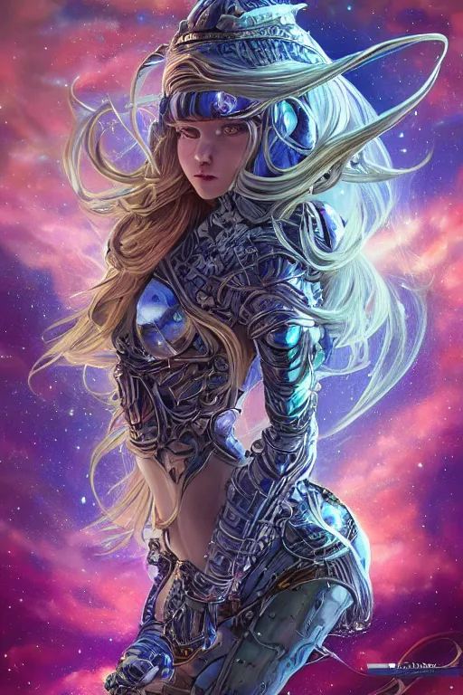 Image similar to Portrait of space Viking , D&D, sci fi fantasy, intricate, richly detailed colored 3D illustration of a beautiful ornated cute body with long metallic hair. background with completely rendered reflections, art by Range Murata and Artgerm highly detailed, digital painting, trending on artstation, sharp focus, illustration, style of Stanley Artgerm,