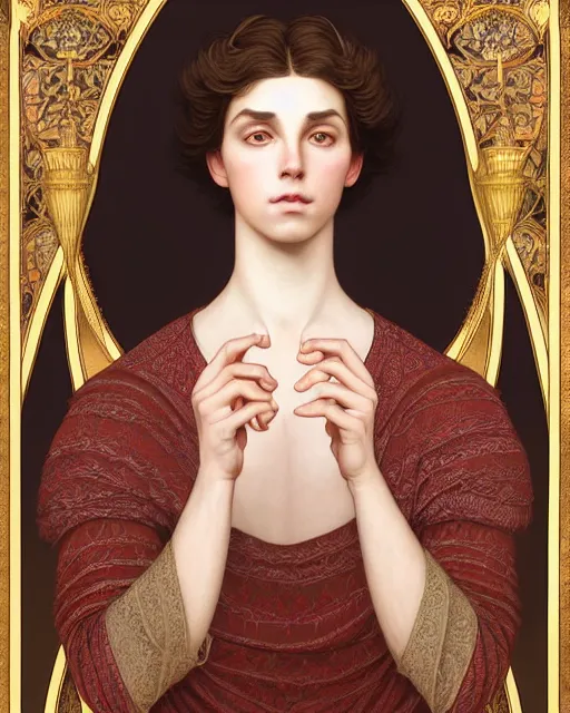 Prompt: symmetry portrait of welsh brunette fully clothed princess in young man's clothes, short hair, renaissance, forest background, intricate, elegant, highly detailed, digital painting, artstation, concept art, smooth, sharp focus, illustration, art by artgerm and greg rutkowski and fra angelico and alphons mucha