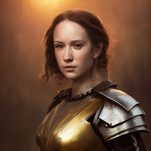 Image similar to attractive aesthetically pleasing young woman portrait, partially clothed in metal-plated battle armor, atmospheric lighting, painted, intricate, volumetric lighting, beautiful, golden hour, sharp focus, ultra detailed, by Leesha Hannigan, Ross Tran, Thierry Doizon, Kai Carpenter,Ignacio Fernández Ríos