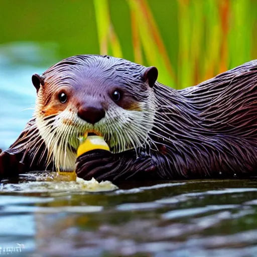 Image similar to an otter eating at a mall food court in the style of Studio Ghibli