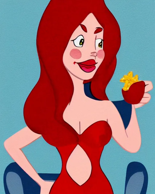 Prompt: Jessica Rabbit wearing red cocktail dress eating a bag of Doritos, sitting on a chair, photorealism
