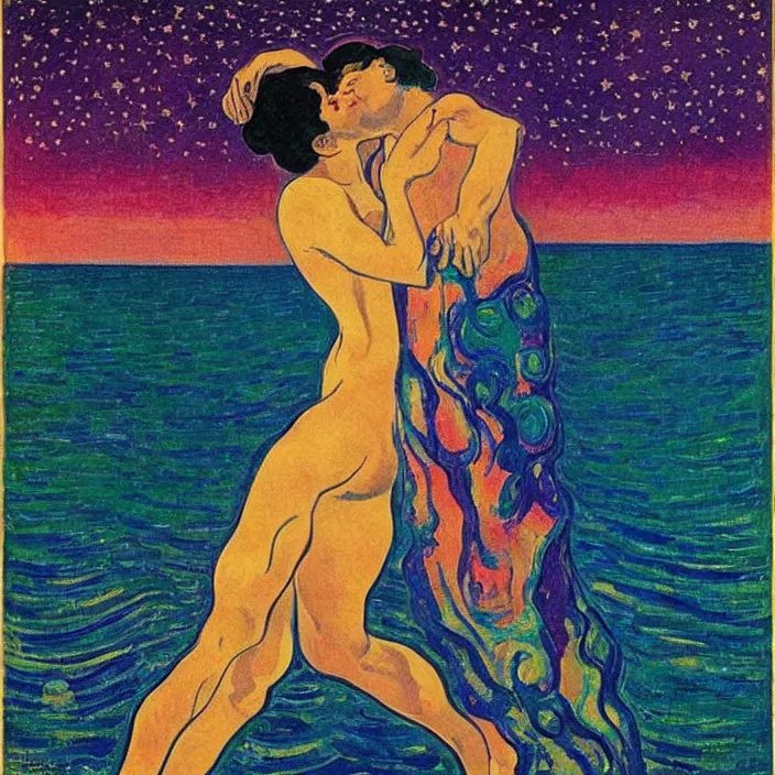 Prompt: close view of woman and man kissing. tsunami great wave, night with stars. iridescent, vivid psychedelic colors. painting by munch, felix vallotton, agnes pelton, egon schiele, henri de toulouse - lautrec, utamaro, monet