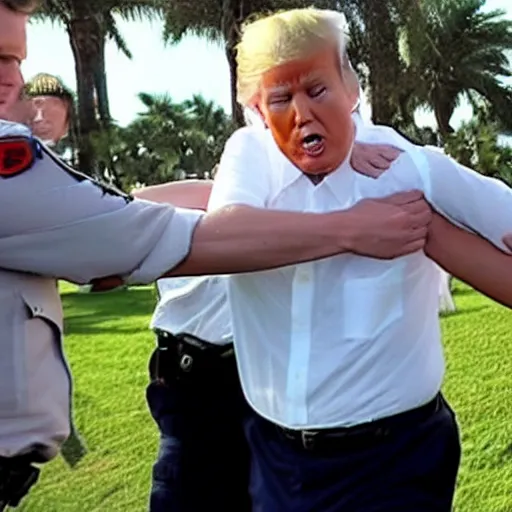 Image similar to News still of Donald Trump being handcuffed and arrested at mar-a-lago