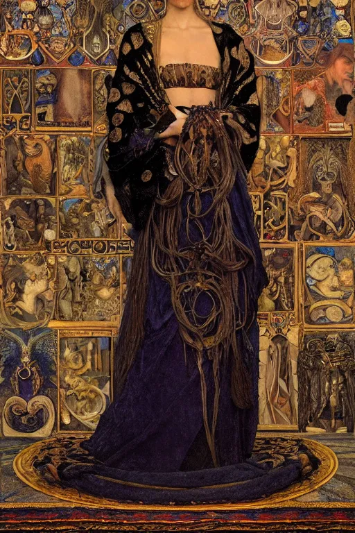 Image similar to portrait of the crow queen, by Donato Giancola and John Bauer and John William Godward and Vermeer, embroidered velvet, iridescent beetles, rich color, ornate headdress, flowing robes, lost runes, ancient civilizations,featured on Artstation, cgisociety, unreal engine, extremely detailed