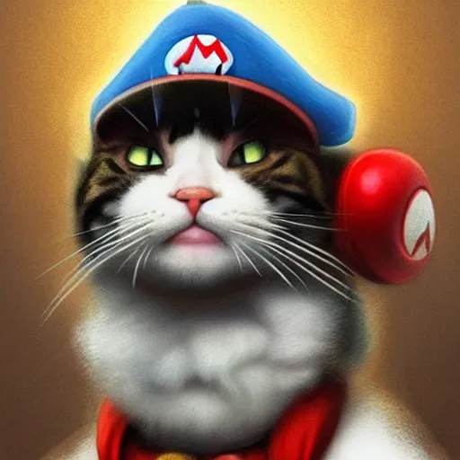 Image similar to Portrait of a Cat dressed as Super Mario, Mario hat, nintendo, highly detailed, digital painting, artstation, concept art, smooth, sharp focus, illustration, art by artgerm and greg rutkowski and alphonse mucha