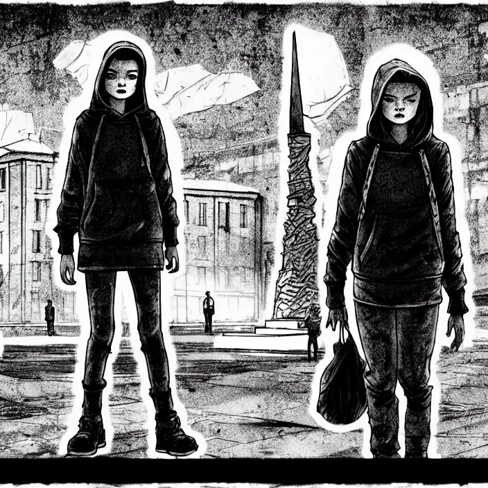 Image similar to storyboard : sadie sink in hoodie sits on bench in ruined square, pedestrians walk by, soviet monument and propaganda posters. scifi cyberpunk. by gabriel hardman. cinematic atmosphere, detailed and intricate, perfect anatomy