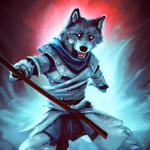 Image similar to anthropomorphic Azure samurai wolf, DnD character art portrait, oil painting, magic the gathering artwork, D&D, fantasy, cinematic lighting, centered, symmetrical, highly detailed, digital painting, artstation, concept art, smooth, sharp focus, illustration, volumetric lighting, epic Composition, 8k, art, DeviantArt, trending on Artstation, Jason Felix, Steve Argyle, Tyler Jacobson, Peter Mohrbacher, Greg Rutkowski, Craig Mullins, Frank Frazetta, cinematic lighting H- 768