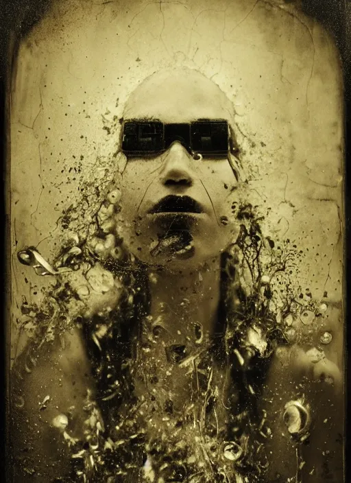 Image similar to old wet plate collodion photography portrait, explosion of data fragments, fractal, intricate, elegant, highly detailed, parallax, leica, medium format, subsurface scattering, by jheronimus bosch and greg rutkowski and louis jacques mande daguerre