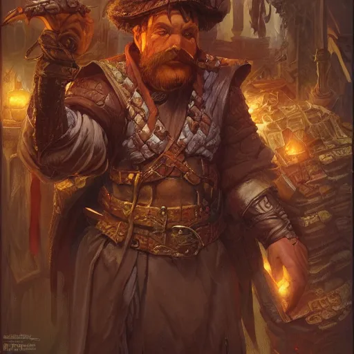 Image similar to D&D Merchant selling you his wares, fantasy closeup character art by Neil Roberts and Marc Lee and Vladimir Krisetskiy and Donato Giancola and Craig Mullins, digital art, trending on artstation