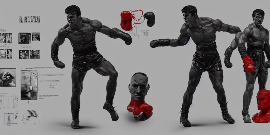 Prompt: rocky balboa with cybernetic fists, character sheet, concept design, contrast, hot toys, kim jung gi, greg rutkowski, zabrocki, karlkka, jayison devadas, trending on artstation, 8 k, ultra wide angle, pincushion lens effect