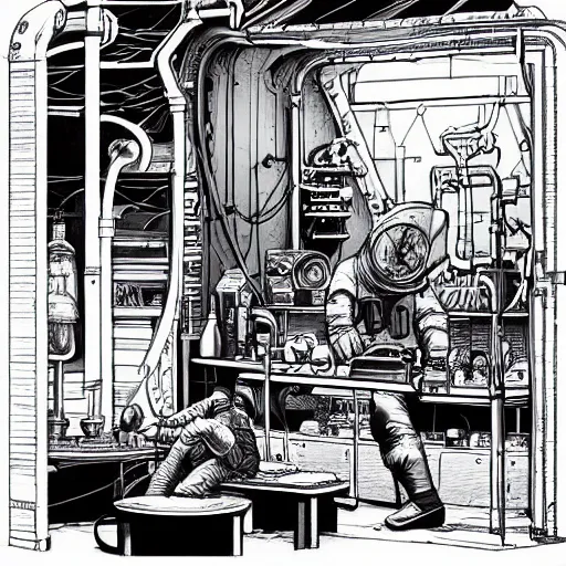 Image similar to space merchant in their shop, Industrial Scifi, detailed illustration, Chiaroscuro, character design, by Martin Grip and Moebius