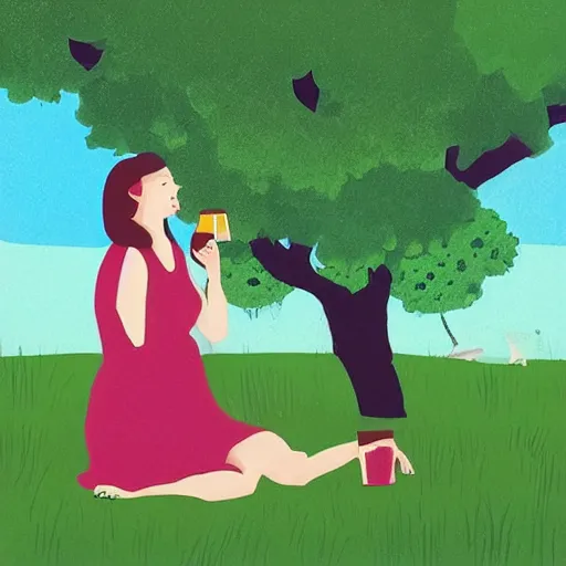 Image similar to “ girl drinking a beer under a tree, illustration by evan m. cohen ”