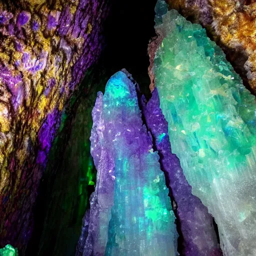 Prompt: ultra high definition 8 k nature documentry footage of an ethereal cavern full of giant amethyst opal bismuth crystals stalagtites stalagmites david attenborough planet earth documentry nat geo