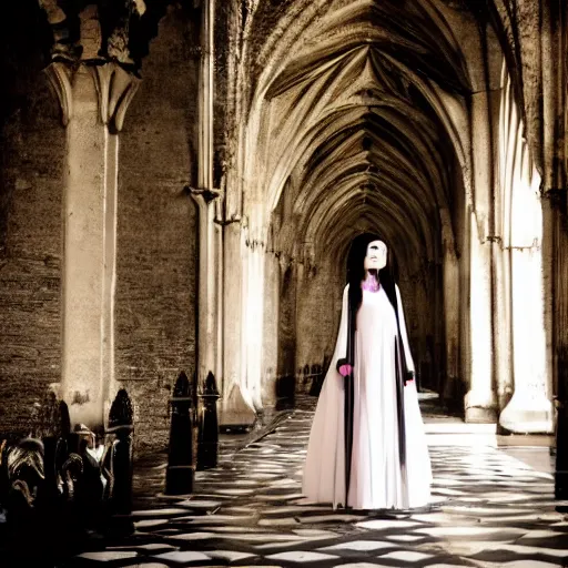 Image similar to a photoshoot portrait of pale goth beauty, inside gothic castle!