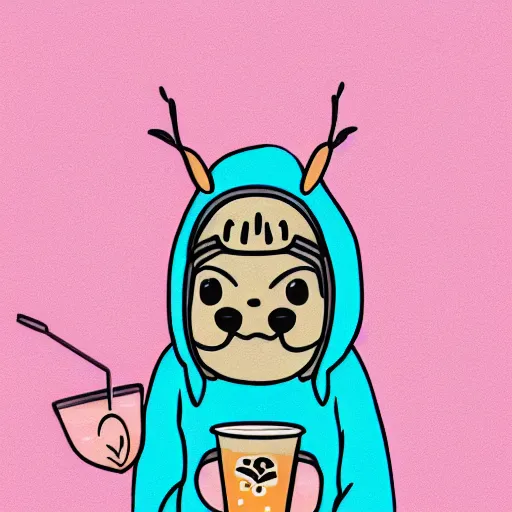 Image similar to cute moth wearing a hoodie and drinking boba tea, pastel colors, lighthearted, adorable, digital art