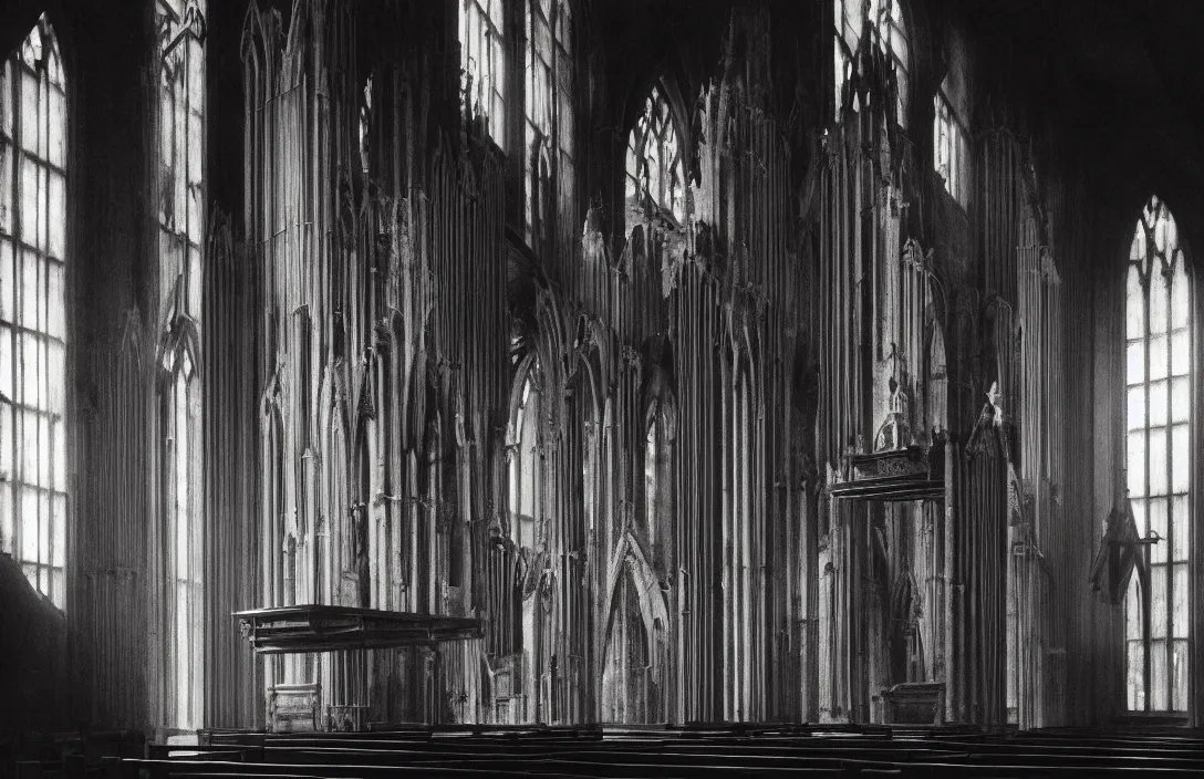 Image similar to detail of a past world in this church interior, vertical lines suggest spirituality, rising beyond human reach toward the heavens. gnarly intact flawless ambrotype from 4 k criterion collection remastered cinematography gory horror film, ominous lighting, evil theme wow photo realistic postprocessing animatronics painting by claude gellee