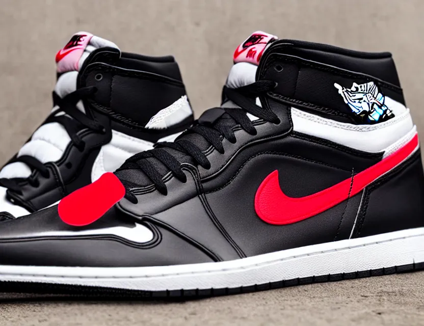 Prompt: a press photograph of nike jordan 1 black red and white