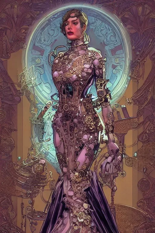 Prompt: brass semi - mechanical woman, portrait, floral art nouveau dress, art by ardian syaf and moebius, bioluminescent, in steampunk cityscape