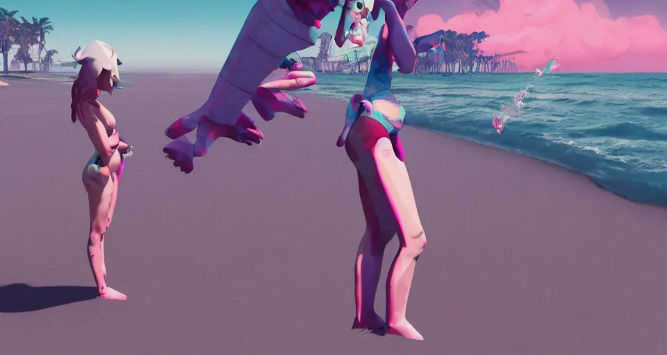 Image similar to fullbody vaporwave art of a fashionable zombie girl at a beach, early 90s cg, 3d render, 80s outrun, low poly, from Hotline Miami, Beksinski, super mario 64