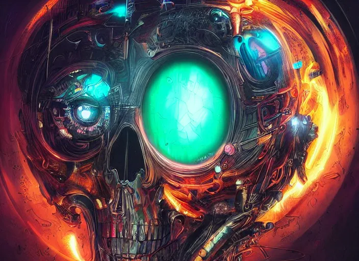 Image similar to a futuristic skull with glowing eyes and a wormhole tunnel, cyberpunk art by android jones