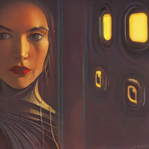 Image similar to detailed face of a synthetic human, clockwork woman, moment, tectonic sky, skydome, bullet train, tech noir, wet reflections, prism, atmospheric, ambient, pj crook, syd mead, livia prima, greg rutkowski, edward hopper