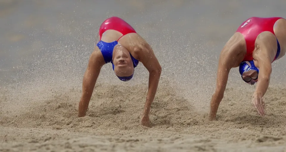 Image similar to olympic swimming in sand instead of water, extremely coherent, motion blur