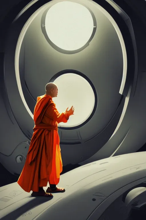 Image similar to portrait of a monk in a spaceship, round window, exploding star, orange robe, dramatic lighting, artstation, matte painting, ralph mcquarrie