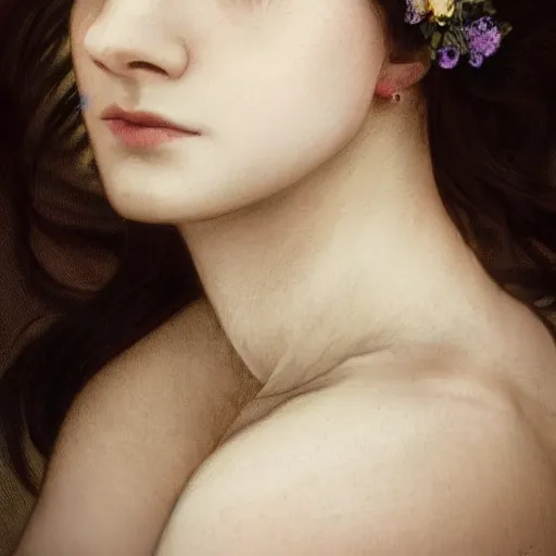 Prompt: side portrait of a beautiful witch, black hair, flower crown, white cloak, headshot, hyper realistic, pale skin, 4k, rule of thirds, beautiful eyes, extreme detail, detailed drawing, trending artstation, hd, fantasy, D&D, realistic lighting, by Alphonse Mucha, Greg Rutkowski, sharp focus, backlit, elegant