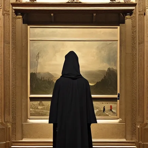 Prompt: the grim reaper standing stoic in black robe, waiting patiently, in a museum with paintings and people, perfect composition, by edmond leighton, simon stalenhag