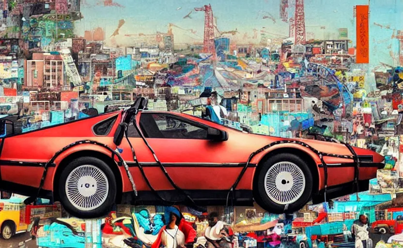 Prompt: a red delorean in ajegunle slum of lagos - nigeria, painting by hsiao - ron cheng & salvador dali, magazine collage & ukiyo - e style, masterpiece.