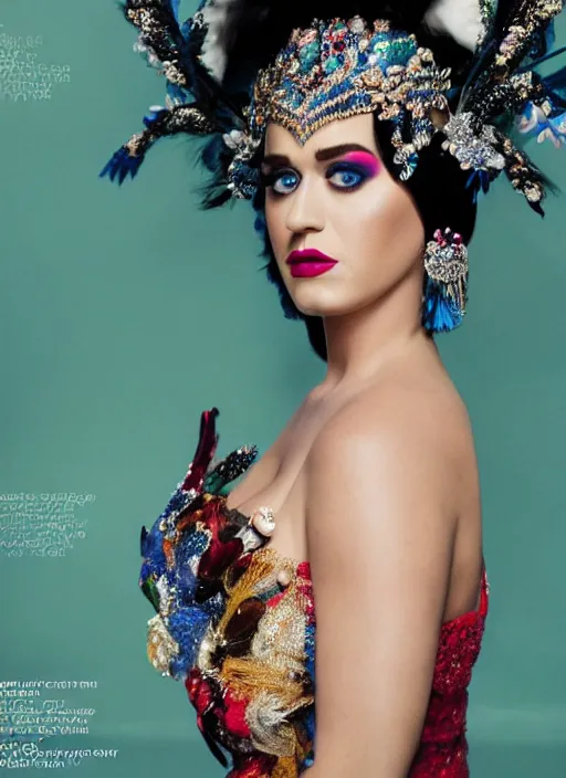 Image similar to katy perry styled by nick knight posing, full body shot, intricate headpiece, vogue magazine, canon, highly realistic. high resolution. highly detailed. dramatic. 8 k. 4 k.