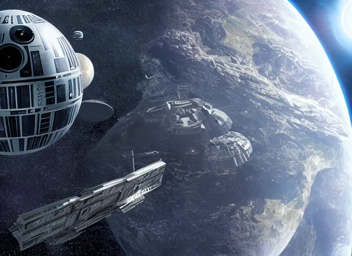 Prompt: film still of the death star hovering above planet earth in the new star wars movie, 4 k