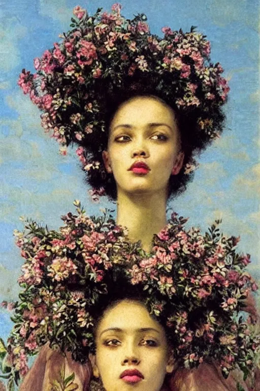 Image similar to close - up fashion afro woman portrait airy flowers cloudy sky art by vasnetsov