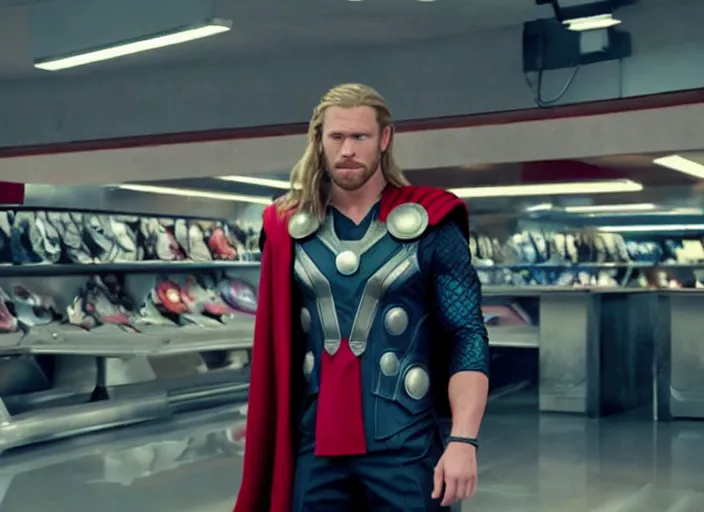 Image similar to film still of Thor working at the shoe counter in a bowling alley in the new Avengers movie, 4k