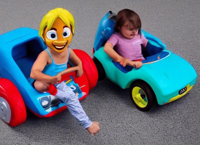 Prompt: the ultimate warrior driving a little tikes cozy coupe, movie still, from the new fast and furious movie, 8 k, realistic