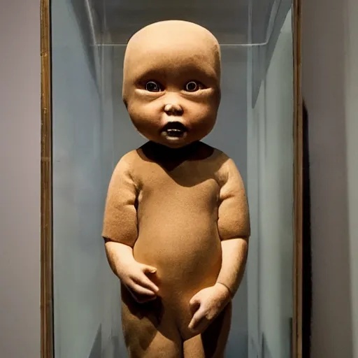 Image similar to taxidermized elder baby, in a museum, alone, sad face, symmetrical face, angular face, coherent,