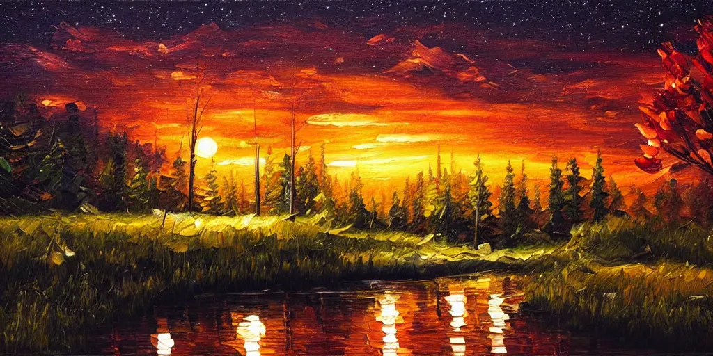 Prompt: nighttime nature landscape, oil painting, ultra realistic, highly detailed, hd, sharp focus, cinematic lighting, warm colors, realistic, photorealistic, vivid colors, painting, non blurry, sharp, smooth, illustration